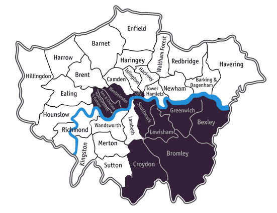 Areas Covered Map (Bromley, Beckenham, Orpington, Bexley, Corydon, Lewisham, Greenwich, Southwark, City, Westminster, Kensington & Chelsea, Hammersmith and Fulham)